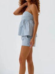 LIZAKOSHT  -  Casual Sleeveless Lace Embroidered Solid Outfits Women Elegant Sleeveless Hollow Sets Sexy Off Shoulder Sling Top & Short Suits