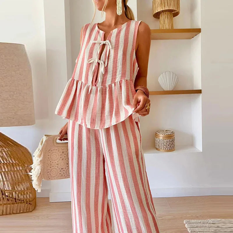 LIZAKOSHT  -  Women Ruffles Patchwork 2Pcs Set Female Outfits 2025 Casual Striped Print Tie-up Blouse&Wide Leg Pants Vacation Outfit Casual