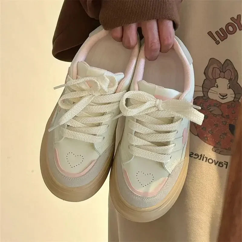 LIZAKOSHT  -  Pink Heart Patchwork Sneakers Sweet Korean Style Low-top Womens Sports Shoes Versatile Casual Pu Leather Female Shoes