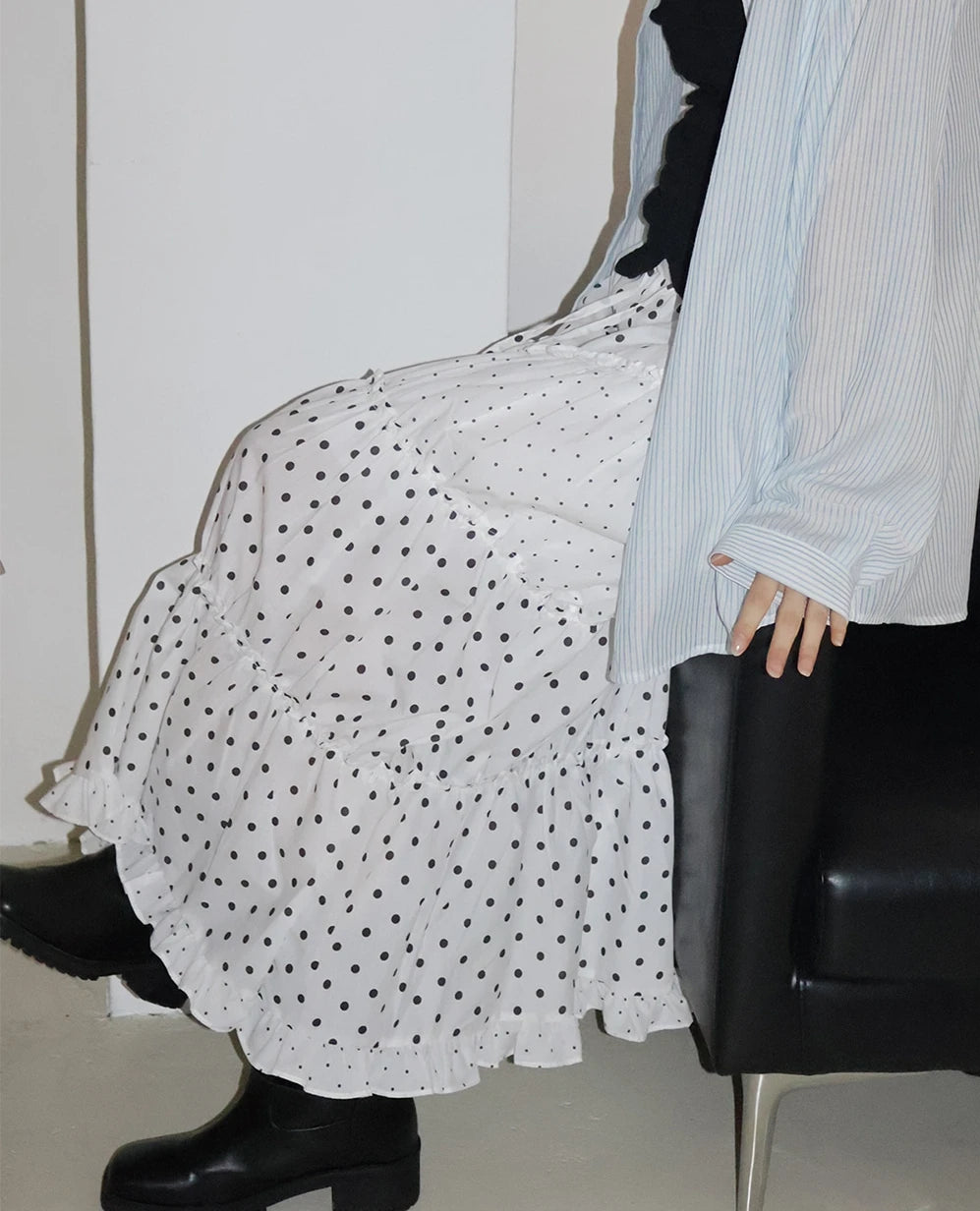 LIZAKOSHT  -  Mint Green Polka Dot Half Skirt with Lace Splicing Retro  Style Korean Waist Design Polyester Fabric H-Shape Long Skirt