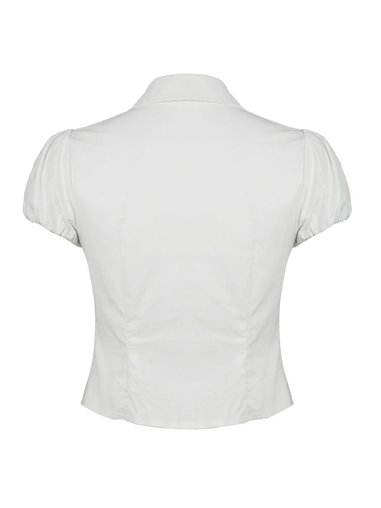 LIZAKOSHT  -  Casual Solid Tee Shirts for Women Turn-down Collar Button Up Corset Blouses Korean Short Sleeves Fashion Cute Tops