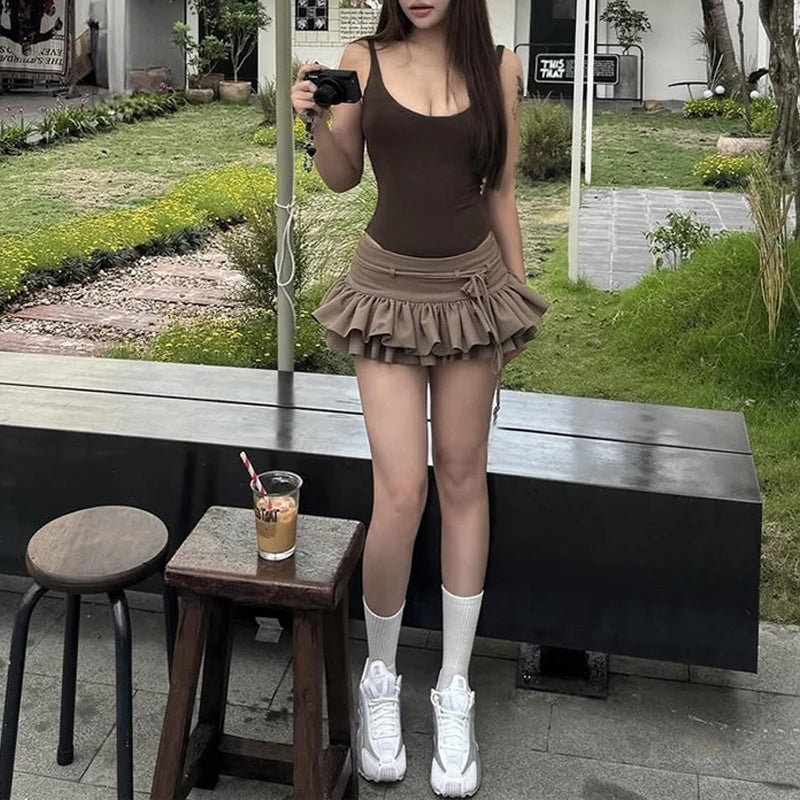 LIZAKOSHT  -  2025 Maillard Style Y2K Retro Brown Hot Girl 2 Piece Sexy Skirt Suit U Collar Sleeveless Bodysuit+Drawstring Pleated Skirts
