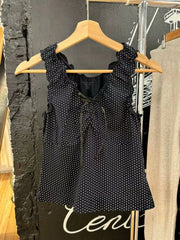 LIZAKOSHT  -  Women Black Wave Dot Fungus Trim Slim Crop Top Summer Bow V-neck Sleeveless Cropped Camis Sweet Girl Cute Preppy Style Tank Tops