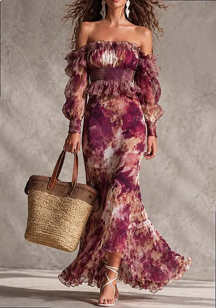 LIZAKOSHT  -  Summer Print Bubble Sleeve Tube Top Midi Dress Set Matching Jumpsuit Playsuit