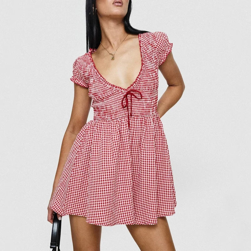 LIZAKOSHT  -  Summer Playsuit Women y2k Clothes Plaid Print Deep V Neck Short Sleeve High Waist Short Jumpsuit 2000s Streetwear