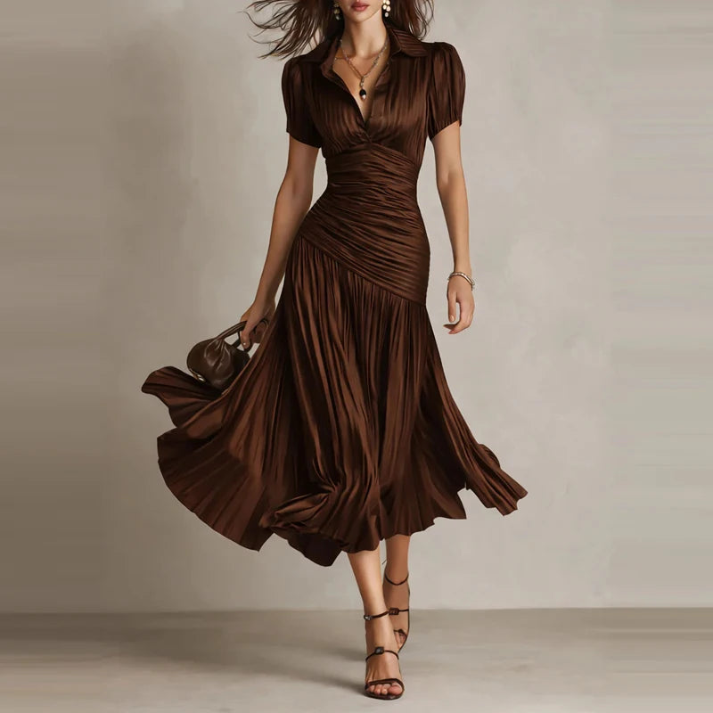 LIZAKOSHT  -  Temperament Lapel Short Sleeve Commute Dress Elegant Lady High Waist Pleated Dress Summer New Solid Color Simple Party Dresses