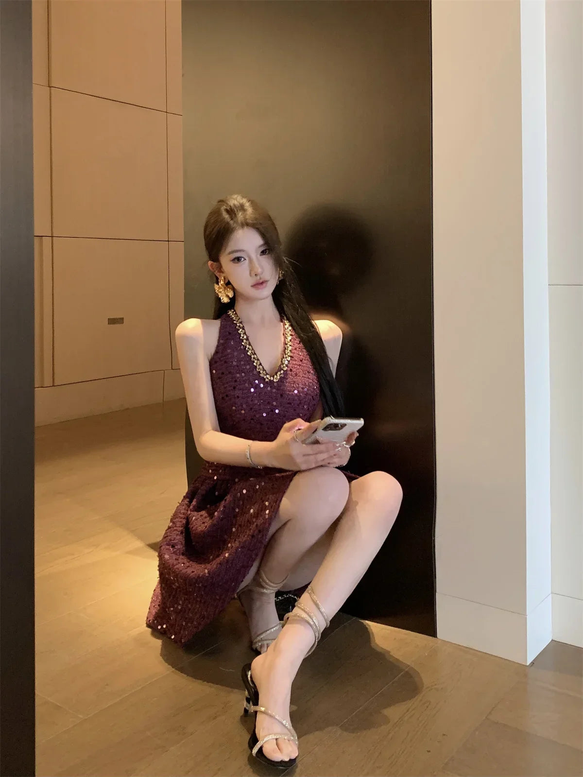 LIZAKOSHT  -  Korean Sweet Tweed Short Dresses For Women 2025 Spring Fashion Luxury Sequins Hotsweet Backless Sexy Party Dress Vestidos Cortos