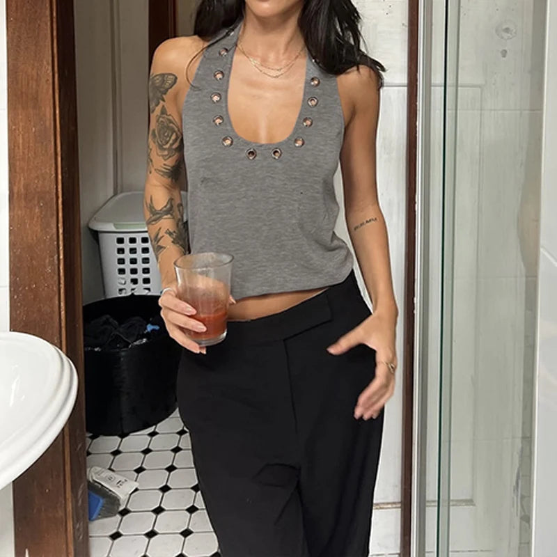 LIZAKOSHT  -  Summer Ribbd Halyer Sleeveless Backless Ladies Streetwear U Neck Crop Top Solid Skinny Hot Sexy Tank Top Clubwear Women
