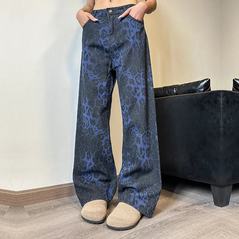 LIZAKOSHT  -  Women's Leopard Print Jeans Vintage Casual Straight Pants Streetwear Loose Wide Leg Pants Y2K Baggy Denim Trouser