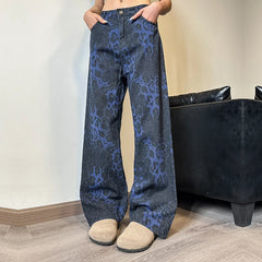 LIZAKOSHT  -  Women's Leopard Print Jeans Vintage Casual Straight Pants Streetwear Loose Wide Leg Pants Y2K Baggy Denim Trouser
