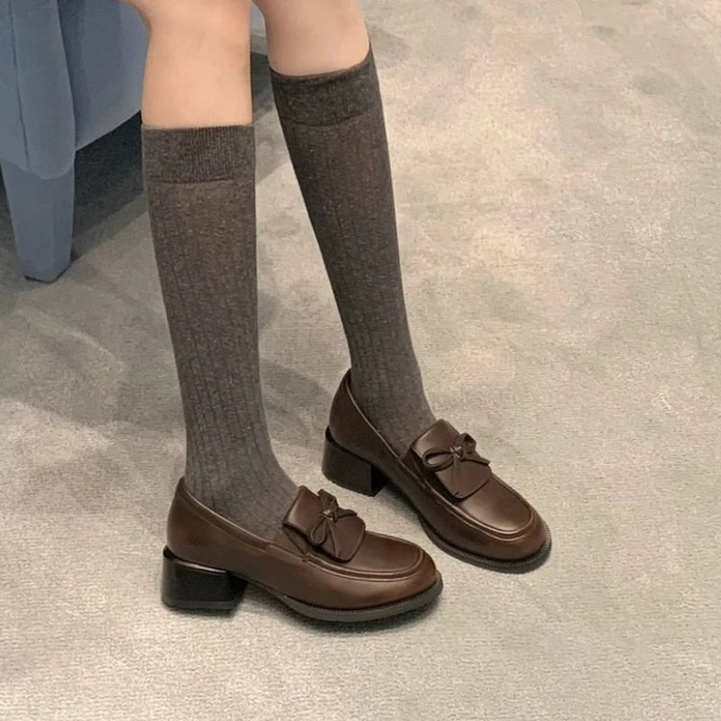 LIZAKOSHT  -  Retro Fashion Chunky Heel Loafers Women Bowknot Round Toe Comfort British Style Casual Soft Leather Shoes Zapatos De Mujer
