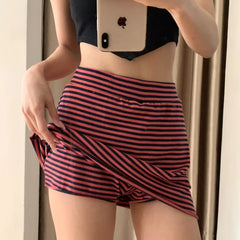 LIZAKOSHT  -  Women Stripe Summer Slim Yoga Skirt Casual Solid Color Fold Over Low Waist Lounge Skirt Korean Style Homewear Hottie Skirt