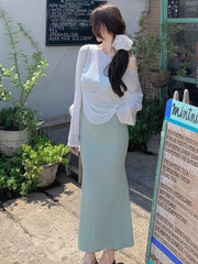 LIZAKOSHT  -  Summer Spaghetti Straps Slim Midi Dress With White T-shirt Women Casual Solid Simple Party Vestidos Holiday Beach Outfits