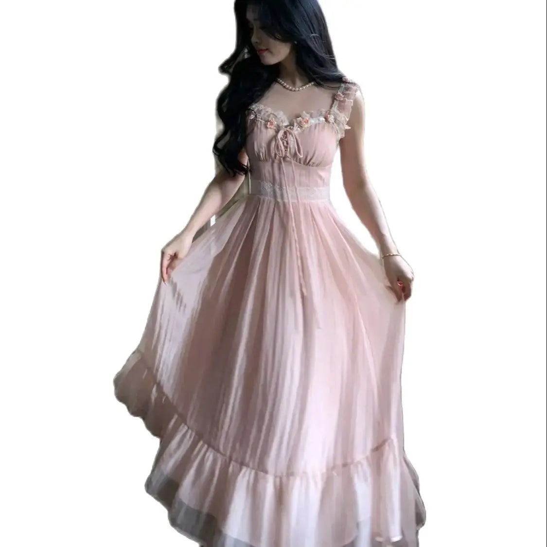 LIZAKOSHT  -  Sling Dress Lace Flowers Lace Chiffon Rose Powder Temperament Sweet Beauty Romantic Fairy Long Skirt Large Size 2024 Summer