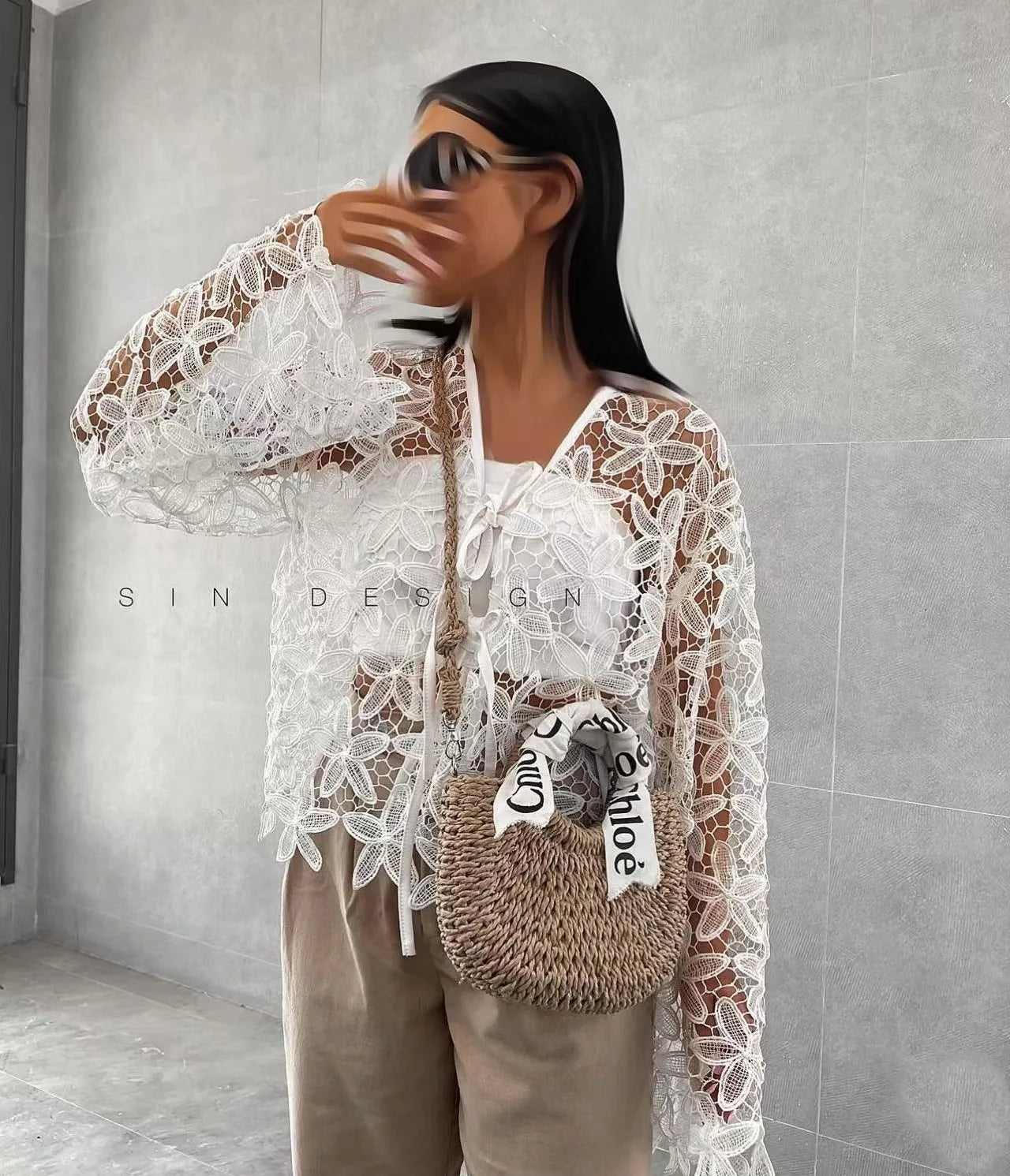 LIZAKOSHT  -  Cute Women's V-Neck Long Sleeve Cardigan Summer Sunscreen Casual White Color Versatile Hollow Lace-Up Design