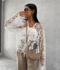 LIZAKOSHT  -  Cute Women's V-Neck Long Sleeve Cardigan Summer Sunscreen Casual White Color Versatile Hollow Lace-Up Design