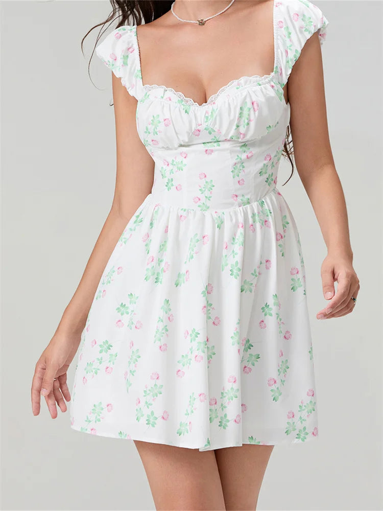 LIZAKOSHT  -  Women Short Mini Dress Short Sleeve Low-cut Backless Flower Print A-line Dress Summer Female High Waist Vestidos