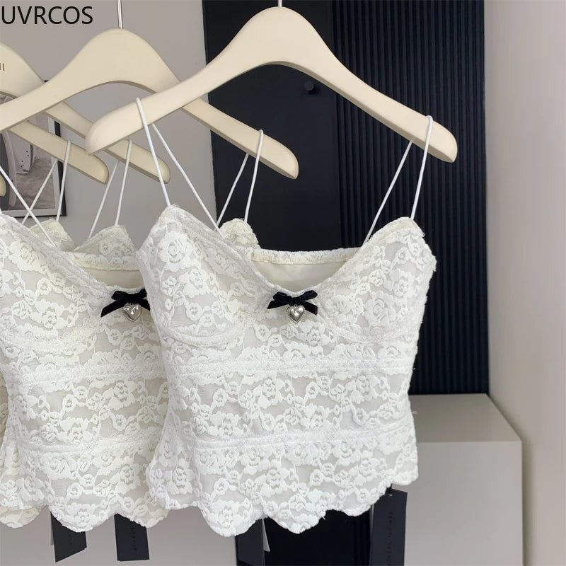 LIZAKOSHT  -  Kawaii Cute Lolita Style White Vest Women Vintage Elegant Lace Bow Camisole Crop Top Female Korean Casual Sweet Slim Fairy Tanks