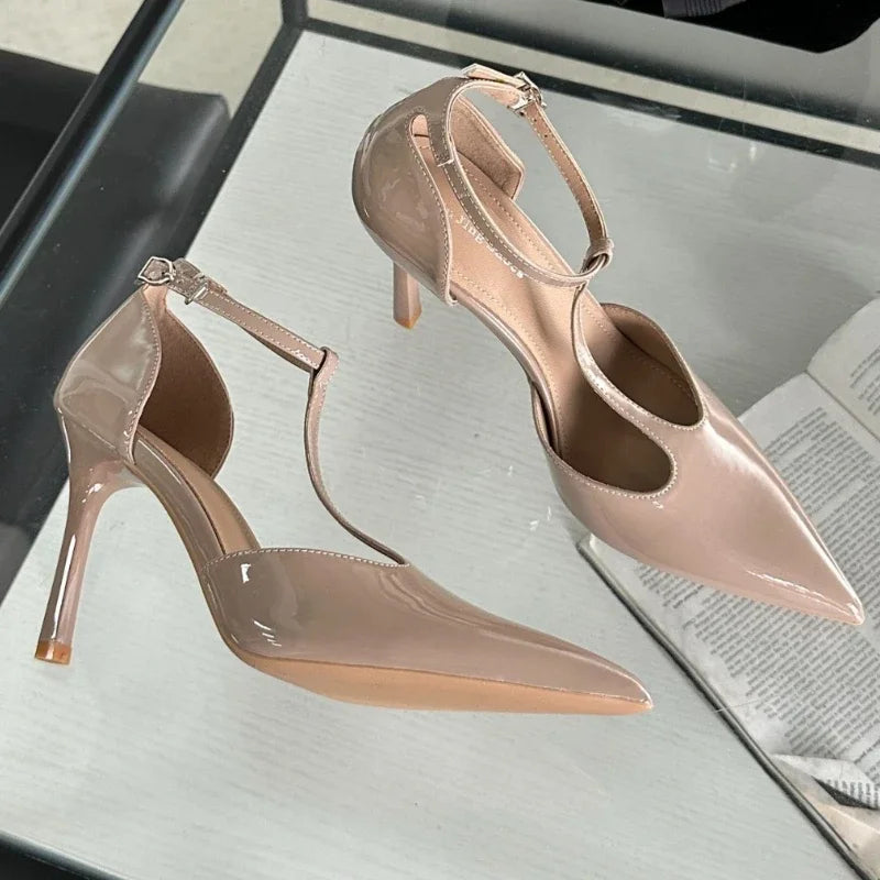 LIZAKOSHT  -  Sexy Red High Heels Women Pointed Toe Party Dress Shoes T-Strap Patent Leather Elegant Slingback Thin Heels Female Sandals Women