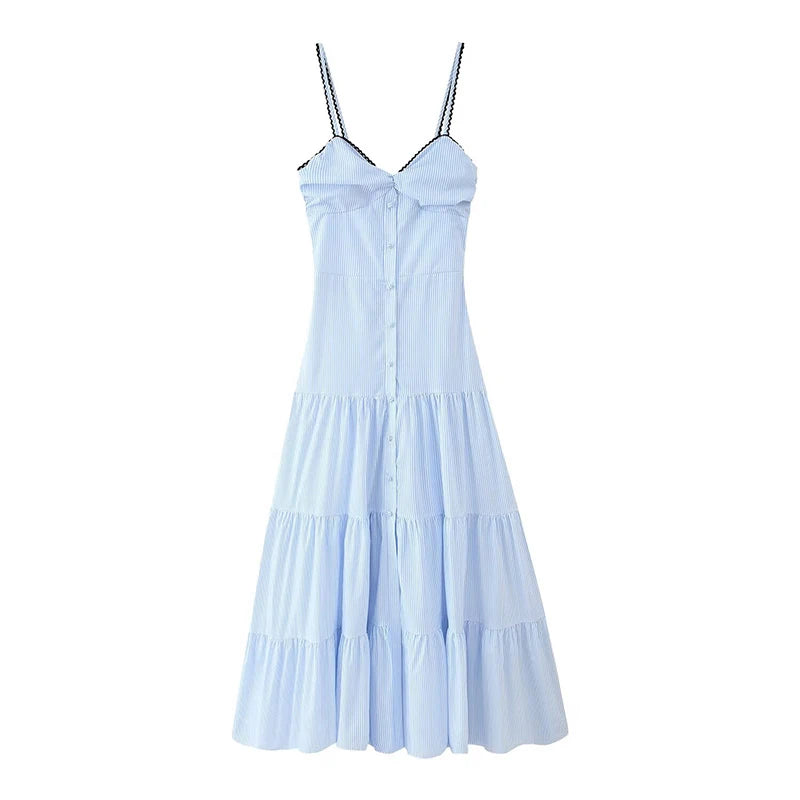 LIZAKOSHT  -  Fashion Striped Patchwork Slip Long Dress Women Loose Sleeveless Single Breasted A-line Maxi Dress New Chic Street Lady Vestidos