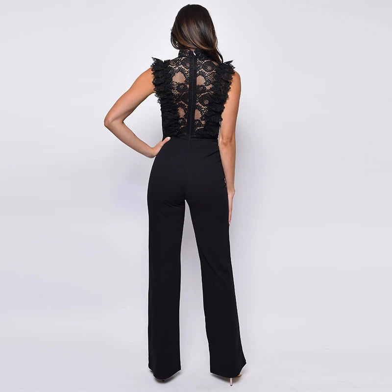 LIZAKOSHT  -  Stand Collar Sleeveless One Piece Jumpsuits Sexy Lace Patchwork Sheer Straight Rompers Women Elegant Waist Solid Long Playsuits