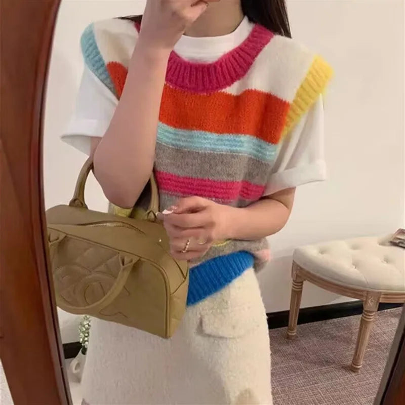 LIZAKOSHT  -  Women Knit Sweater Vests 2025 New Colorful Stripes Sleeveless O-neck Tops Knitwear Fashion Loose Casual Ladies Chic Jumpers