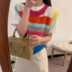 LIZAKOSHT  -  Women Knit Sweater Vests 2025 New Colorful Stripes Sleeveless O-neck Tops Knitwear Fashion Loose Casual Ladies Chic Jumpers