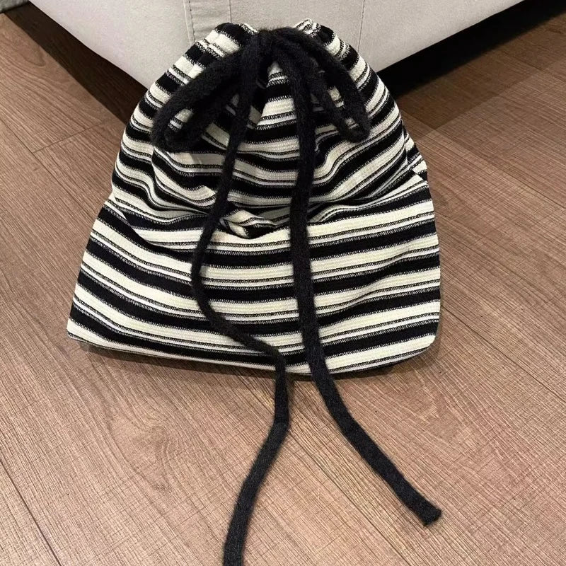 LIZAKOSHT  -  Contrast Color Striped Women Shoulder Bag Korean Vintage All Match Handbags Y2k Drawstring Knitted Crossbody Bags High-capacity