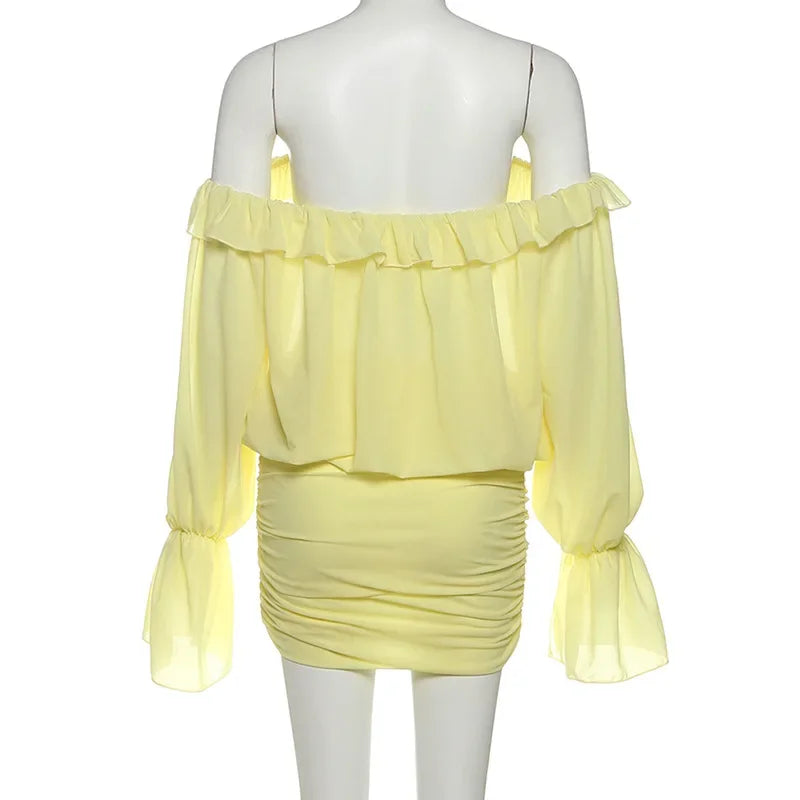LIZAKOSHT  -  Elegant Sexy Yellow Ruffles Ruched Boydcon Mini Dress Women Lace Up Slash Neck Off Shoulder Flare Long Sleeve Party Clubwear