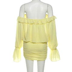 LIZAKOSHT  -  Elegant Sexy Yellow Ruffles Ruched Boydcon Mini Dress Women Lace Up Slash Neck Off Shoulder Flare Long Sleeve Party Clubwear