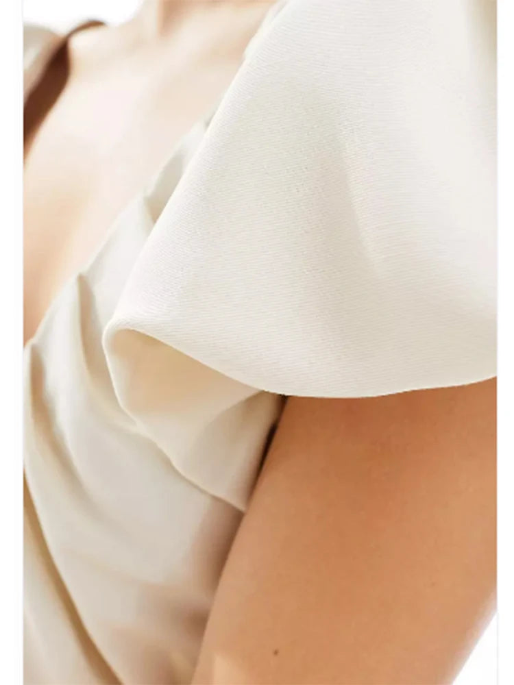 LIZAKOSHT  -  Sweet Solid Puff Short Sleeve Women Mini Dress Elegant V-neck Backless Pleated A-line Dresses 2024 Summer Lady Party Club Robes