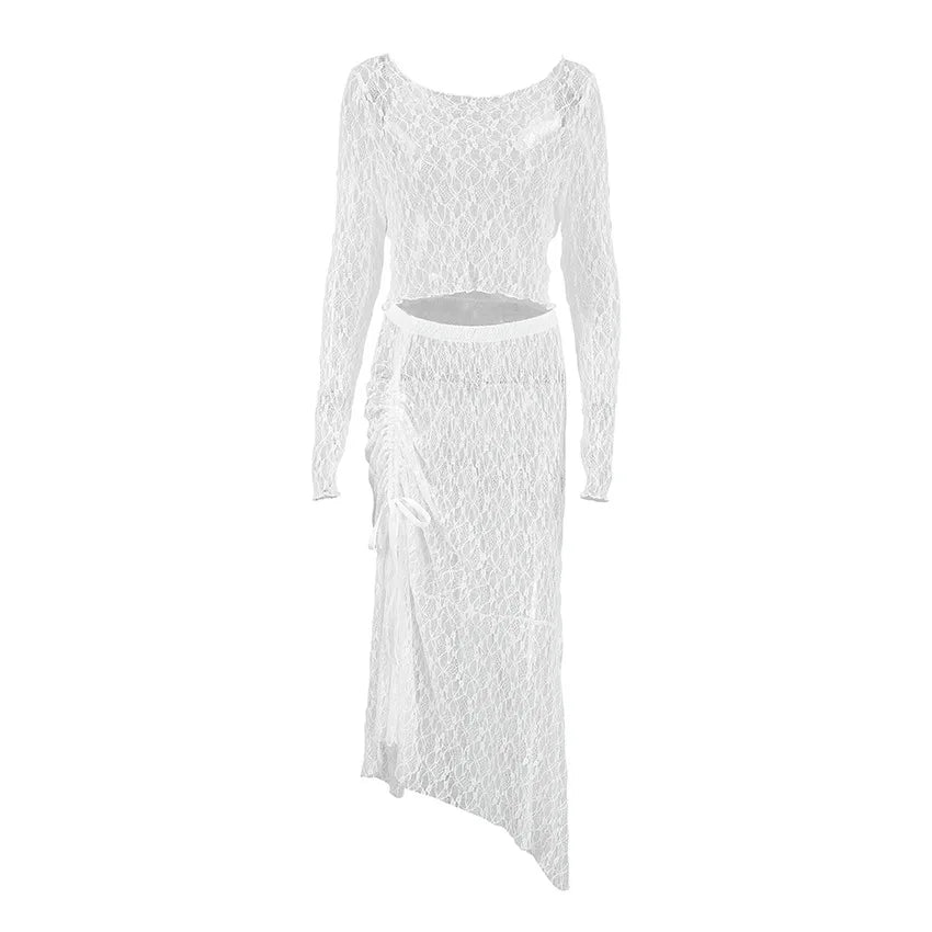 LIZAKOSHT  -  Sexy and Transparent White Lace Set for Women 2025 Summer Niche Long Sleeve Dress Set