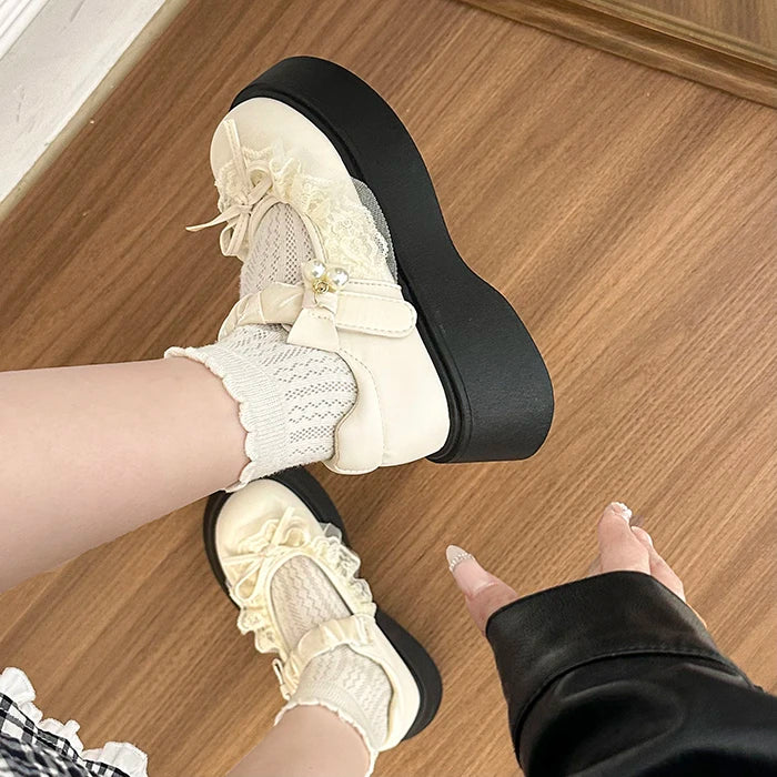 LIZAKOSHT  -  British Style Vintage Women Mary Jane Shoes Concise Butterfly-knot Single Shoes Ladies Height Increase Dress Leather Pumps