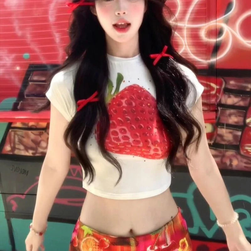 LIZAKOSHT  -  Sweet Summer All Match Commuter O Neck Short Sleeve Shirts Cute Fruit Print Harajuku Streetwear Girl Clothing Y2k Aesthetic Tops