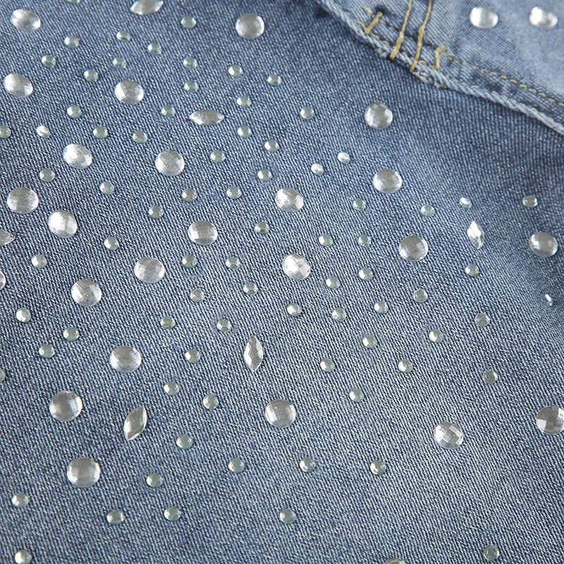 LIZAKOSHT  -  Rhinestone Detail Fashion Frayed Jeans Shorts Y2K Vintage Blue Summer Casual Stylish Women Denim Shorts Streetwear