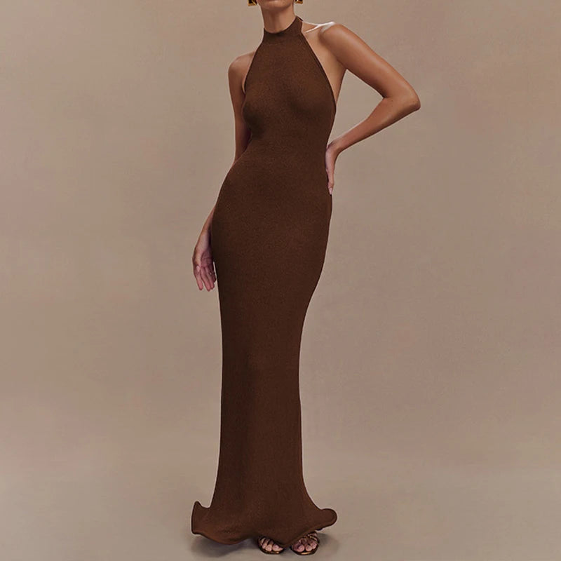 LIZAKOSHT  -  Temperament Halter Edge Curl Sleeveless Long Bodycon Solid Dress Tight Banquet Party Elegant Ladies Summer Backless Gowns