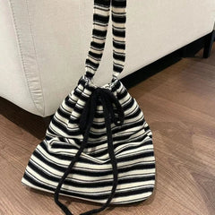 LIZAKOSHT  -  Contrast Color Striped Women Shoulder Bag Korean Vintage All Match Handbags Y2k Drawstring Knitted Crossbody Bags High-capacity