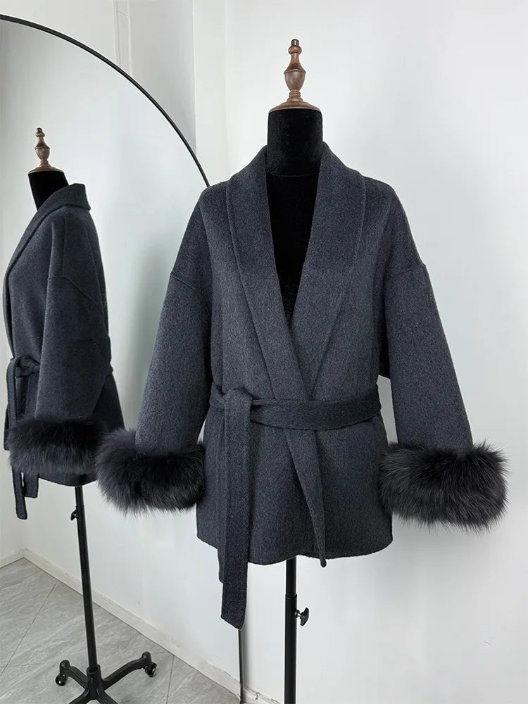 LIZAKOSHT  -  Fox Fur Woolen Women's 2025 Autumn Coat Fashion Patchwork Double-Sided Wool Overcoat Commuter New Elegant Office Jacket