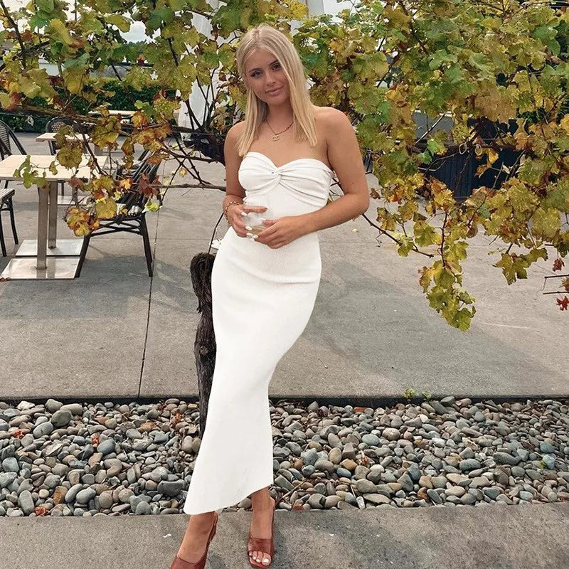 LIZAKOSHT  -  Street Sle High Waist Wrap Chest One oulder Long Dr Women's Slim Fit Split Skirt Polyester Fiber No Sve Pure Color