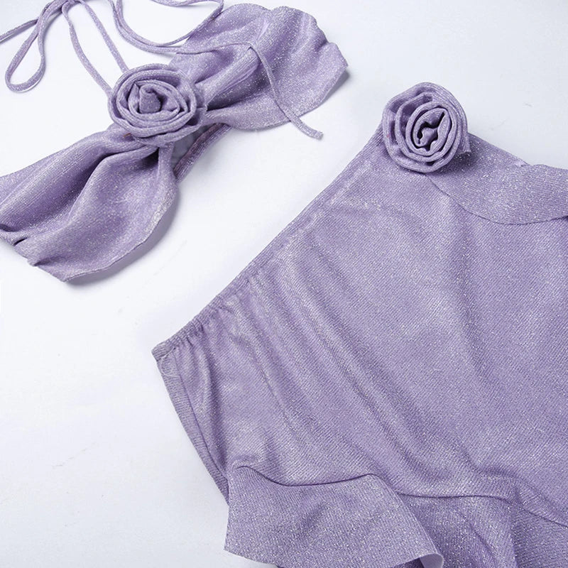 LIZAKOSHT  -  2 Piece Set y2k Summer Outfits Women Strapless 3D Rosette Halter Tops + Asymmetrical Ruffle Hem Skirt Party Clubwear
