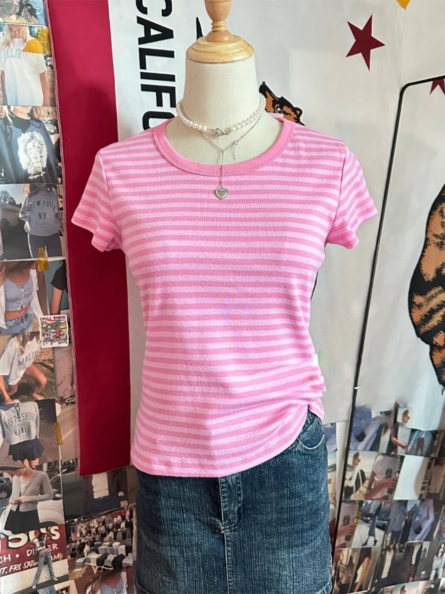 LIZAKOSHT  -  Pink Striped Slim T-shirts Woman Summer Round Neck Short Sleeve Tee Shirts Female Sweet Cute Preppy Style Cotton Tshirt Y2k Tops
