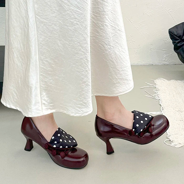 LIZAKOSHT  -  Vintage Polka Dot Thick Heel Women Mary Jane Shoes Outdoor Slip On Pumps Spring Autumn Eelgant Dress Leather Single Shoes