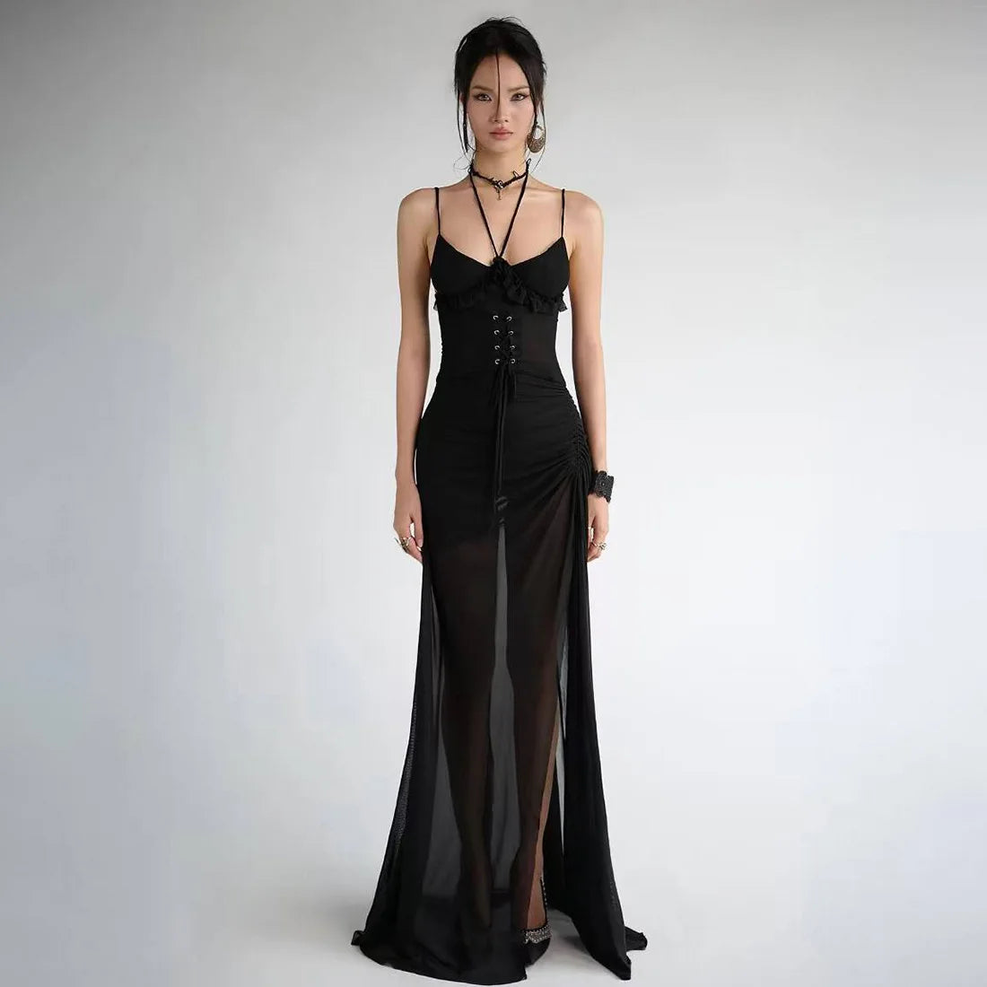 LIZAKOSHT  -  Drawstring Split Grommet Lace Up See Through Mesh Patchwork Maxi Dress Women Spaghetti Straps Ruffles Backless Party Clubwear