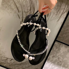 LIZAKOSHT  -  new summer crystal band flat sandals women/girl's clip toe pearl rivets gladiator sandalias mujer jandal summer shoes woman