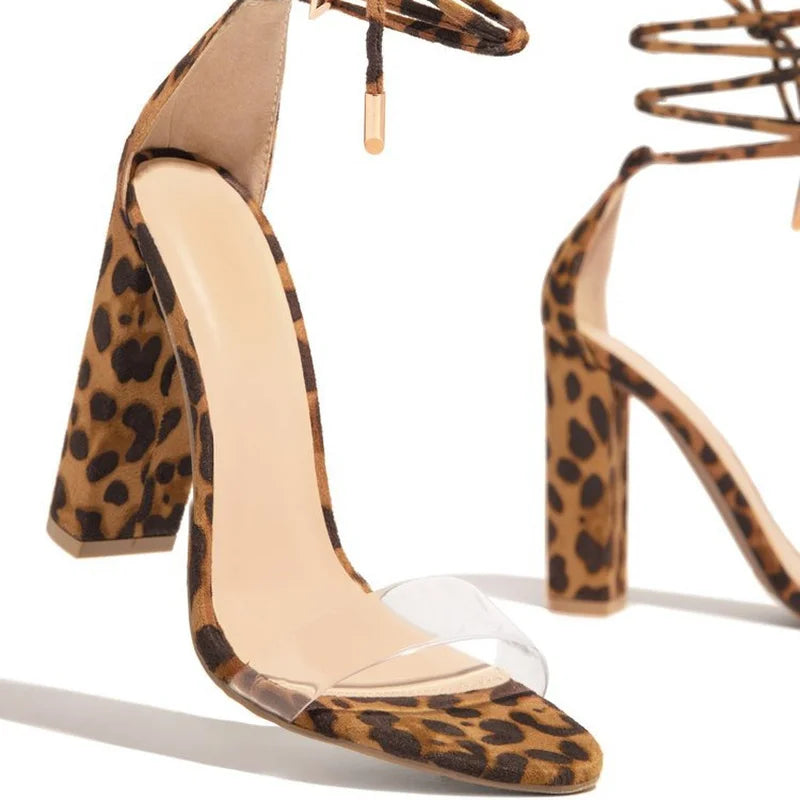 LIZAKOSHT  -  Large Size Women Sandals Summer New One-word Buckle Leopard Print Chunky High Heel Sandals for Women 35-43