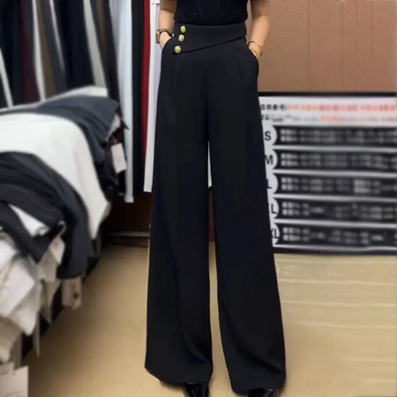 LIZAKOSHT  -  Retro Narrow Version of Wide-leg Pants Draped with Ice Silk Waist-tight Straight Pear Shape to Make You Look Slim