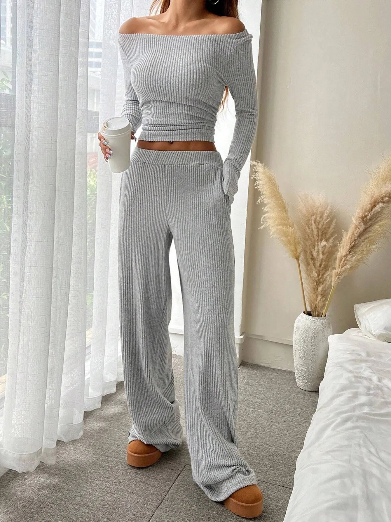 LIZAKOSHT  -  Fall Winter Women 2 Piece Set Solid Off Shoulder Long Sleeve Top Elastic Waist Wide Leg Pants Fashion Casual Outfit