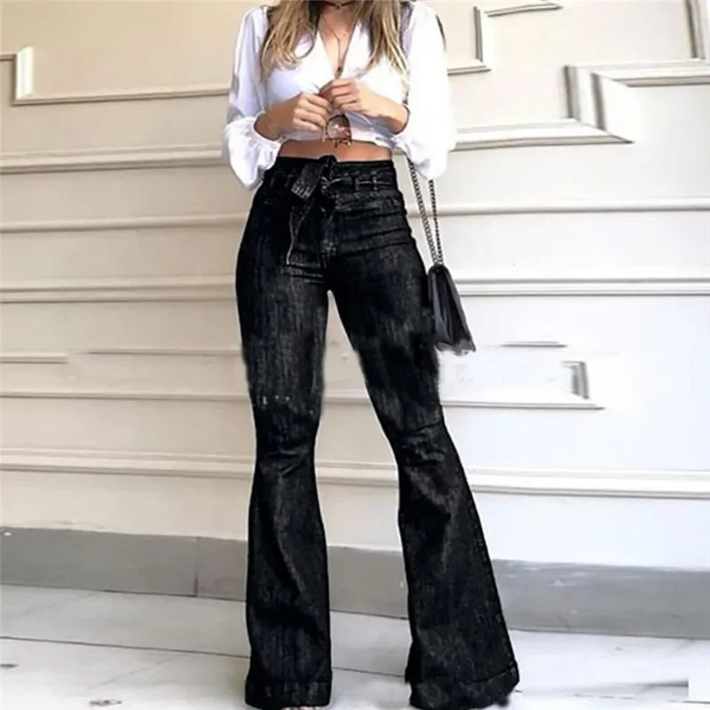 LIZAKOSHT  -  New Women Denim Tie Waist Flare Jeans Boyfriend Jeans Ladies High Waist Skinny bell bottom jeans Pants Autumn Wide Leg Mom Jeans