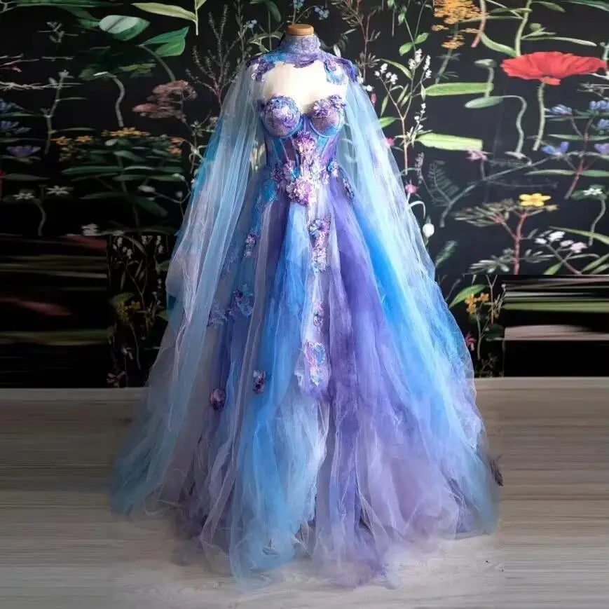LIZAKOSHT  -  Colorful Fairy Tulle Prom Dress with Cape Floral Applique Sweetheart Layered Puffy Long Evening Party Gowns Robes