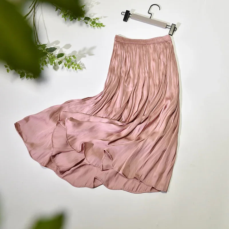 LIZAKOSHT  -  Summer Silky Elastic High Waist Glossy Silky Long Skirt Milk Silk A-line Long Skirts Women Beach Pearlescent Dress